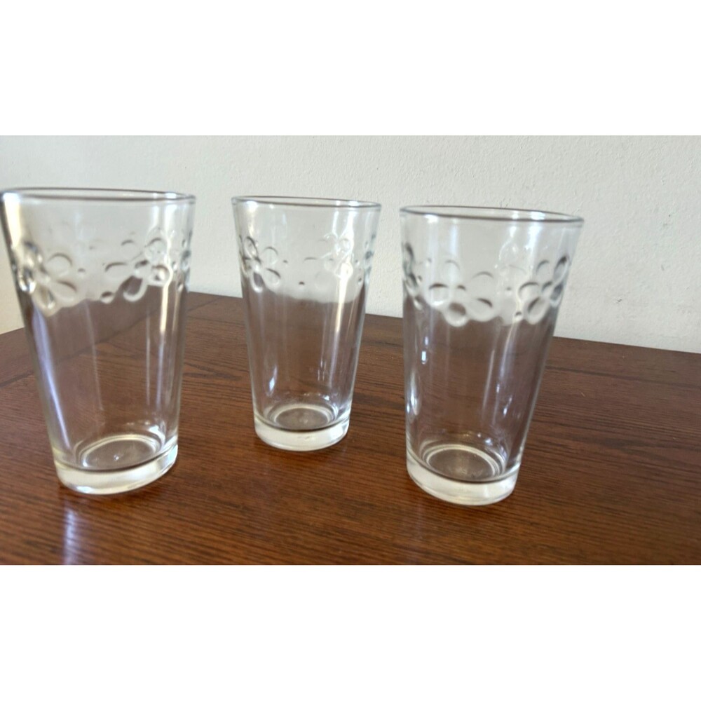 Vintage Libbey Daisy Tumblers Glasses Clear Floral Etched  Set of 3